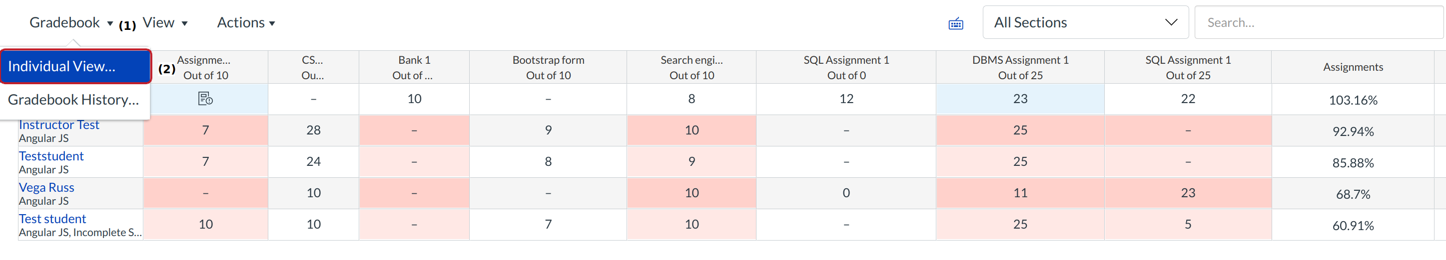 Open Assignment Drop-down Menu