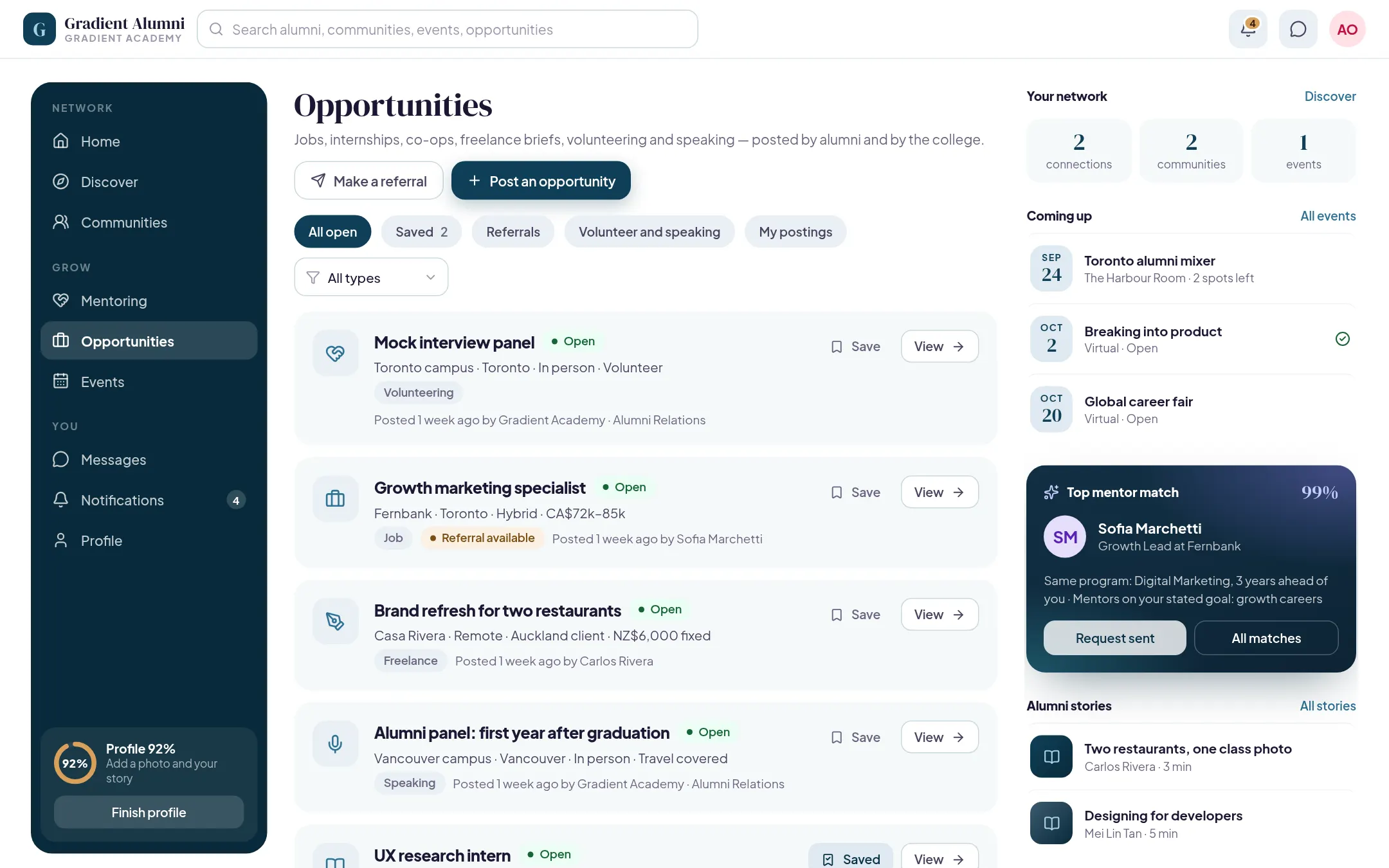 Opportunities screen listing a volunteer interview panel, a marketing job with a referral available, a freelance brief and a speaking request.