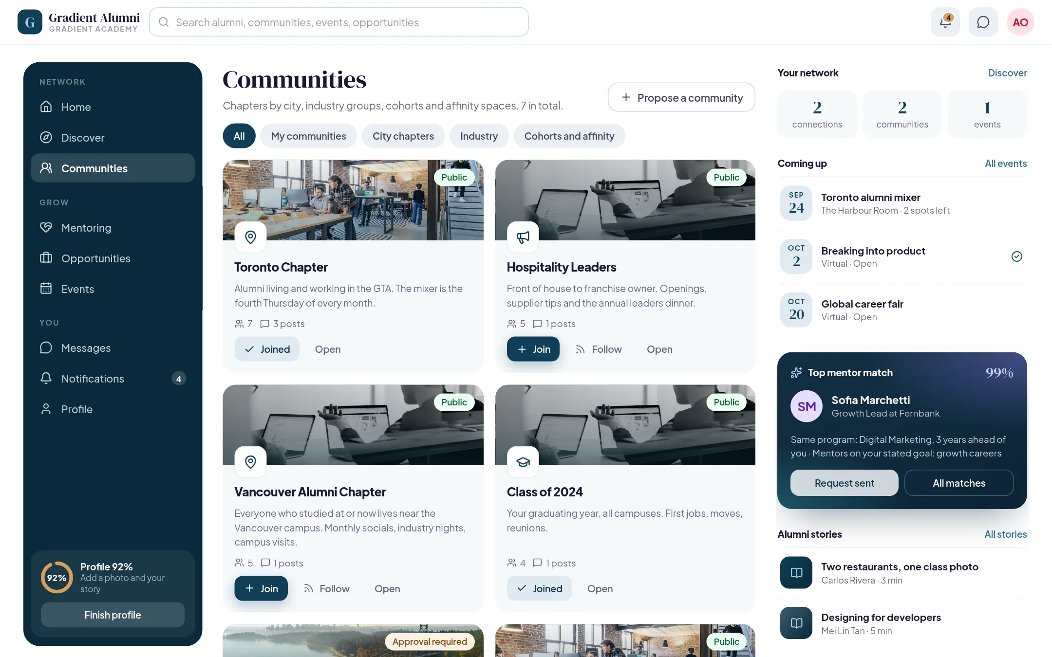 Communities screen with cards for city chapters, an industry group and a graduating class, each with member and post counts and Join buttons.