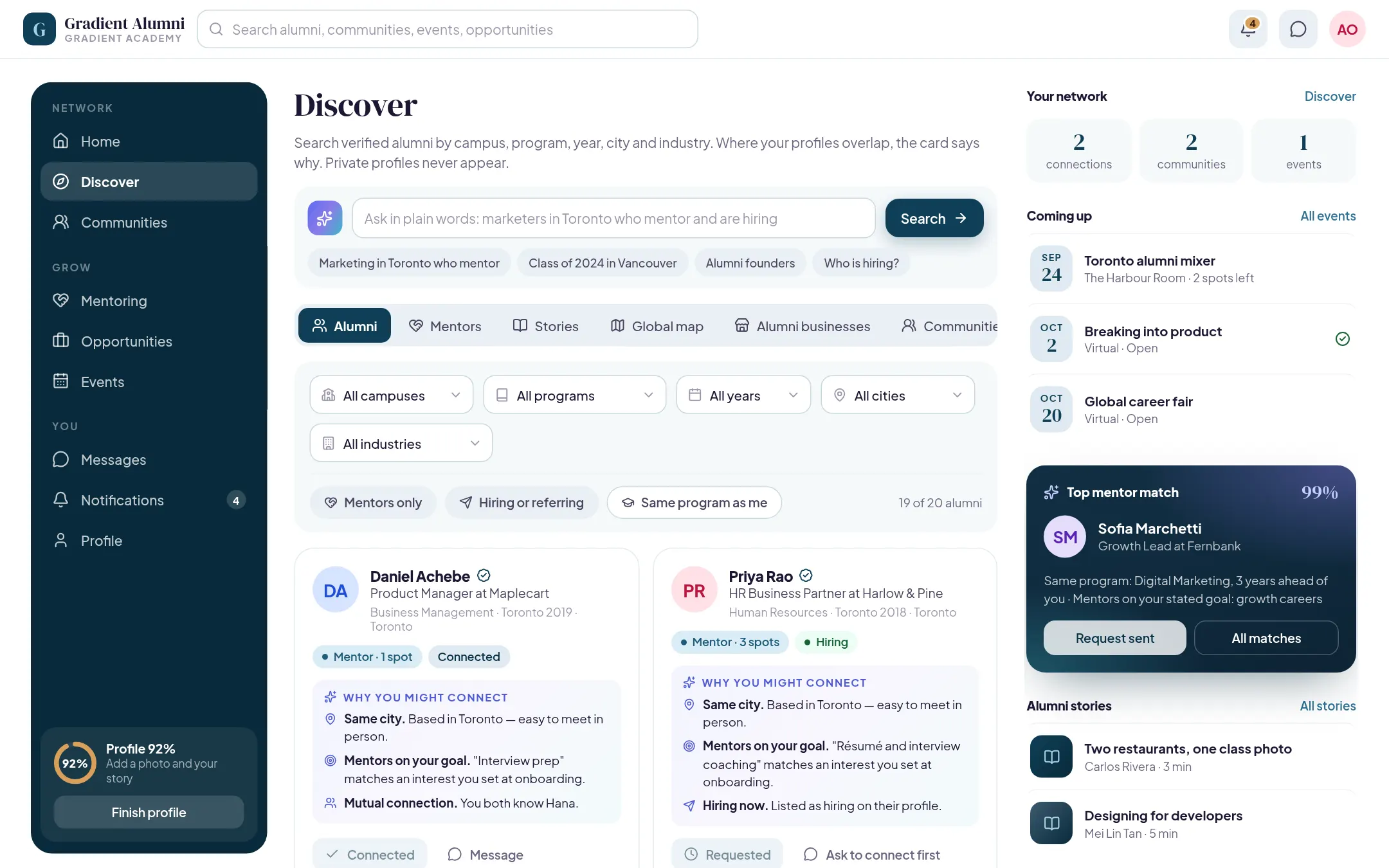 Alumni directory with search, filters for campus, programme, year, city and industry, and profile cards that list reasons to connect.