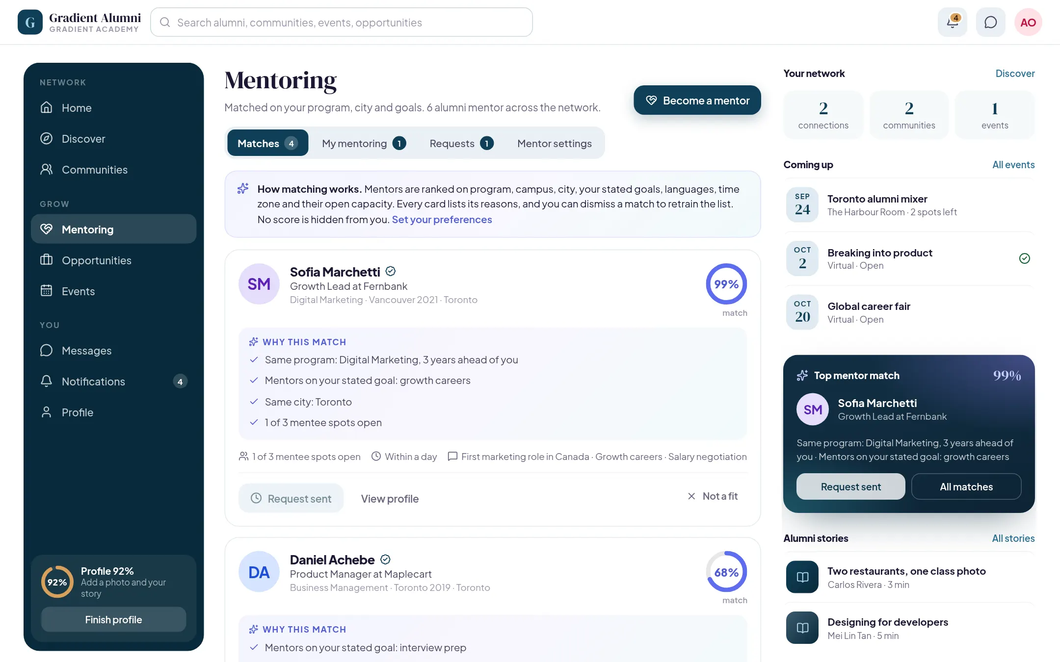 Mentoring screen showing mentor matches, each with a match score and the reasons behind it, plus open mentee spots.