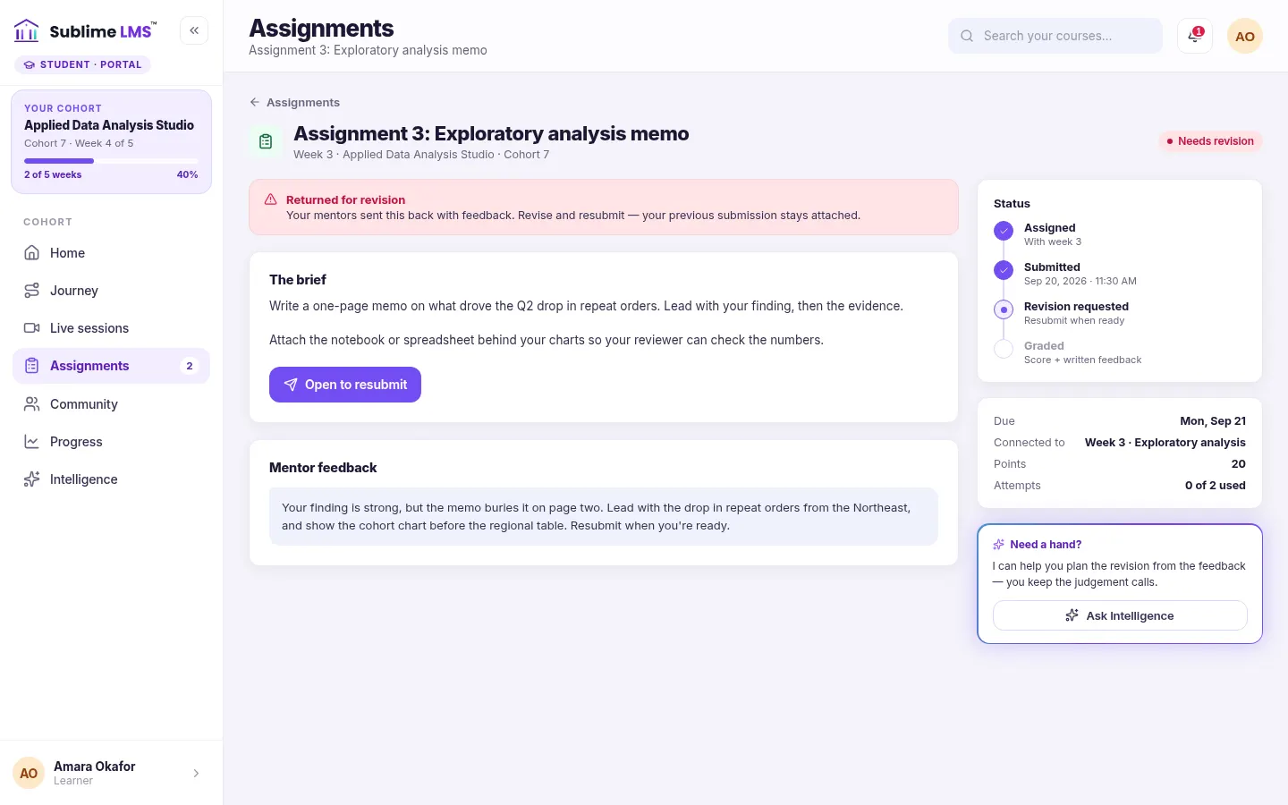 Assignment 3: Exploratory analysis memo marked Needs revision: a red Returned for revision notice, the brief with an Open to resubmit button, the mentor's feedback asking to lead with the finding, and a status timeline with Revision requested as the current step.