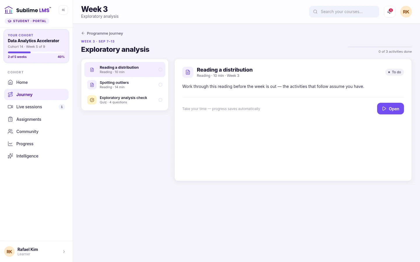 A learner's Week 3 view listing two readings and a four-question quiz, with the first reading open.