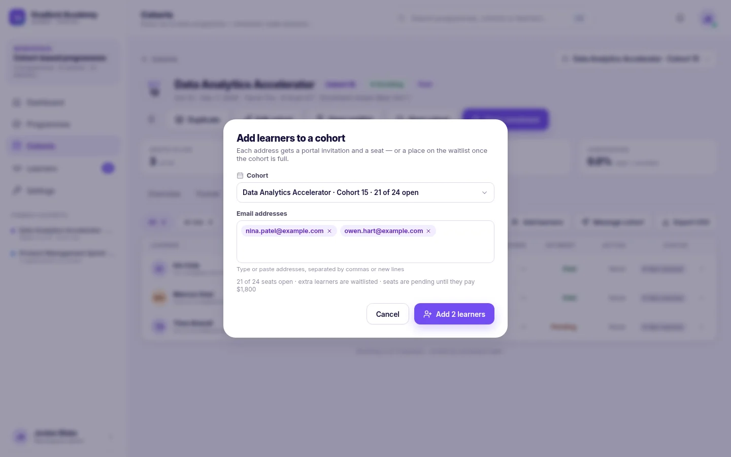 The Add learners to a cohort dialog with two email addresses entered, showing 21 of 24 seats open and a note that extra learners are waitlisted.