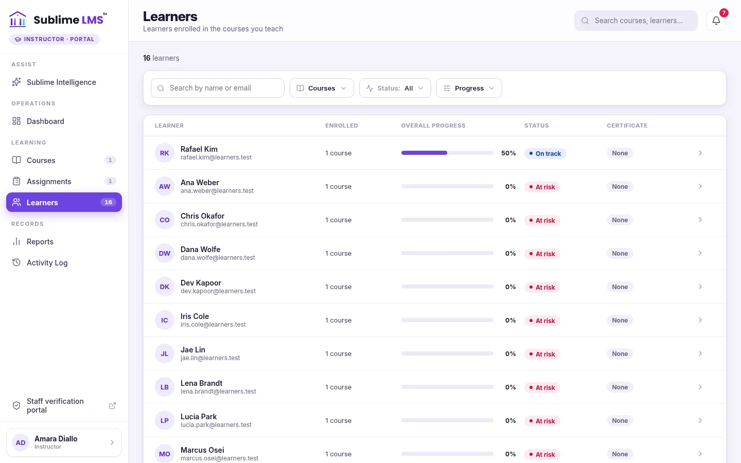 The instructor Learners screen listing students with their courses, overall progress, status and certificate, with search and course, status and progress filters.