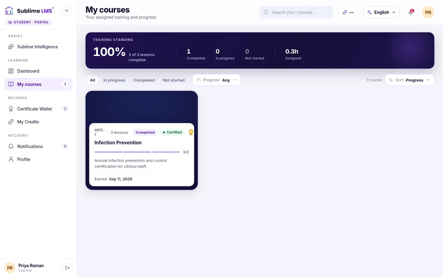 The My courses screen with a training standing summary and a completed, certified course card.