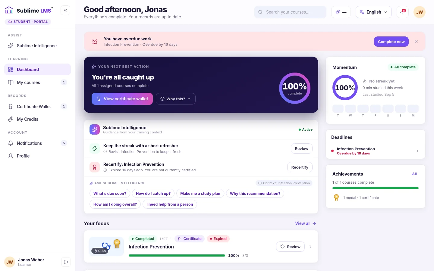An employee dashboard with an overdue-work banner and Complete now button, a next-best-action card, a recommendation to recertify an expired course and deadlines.