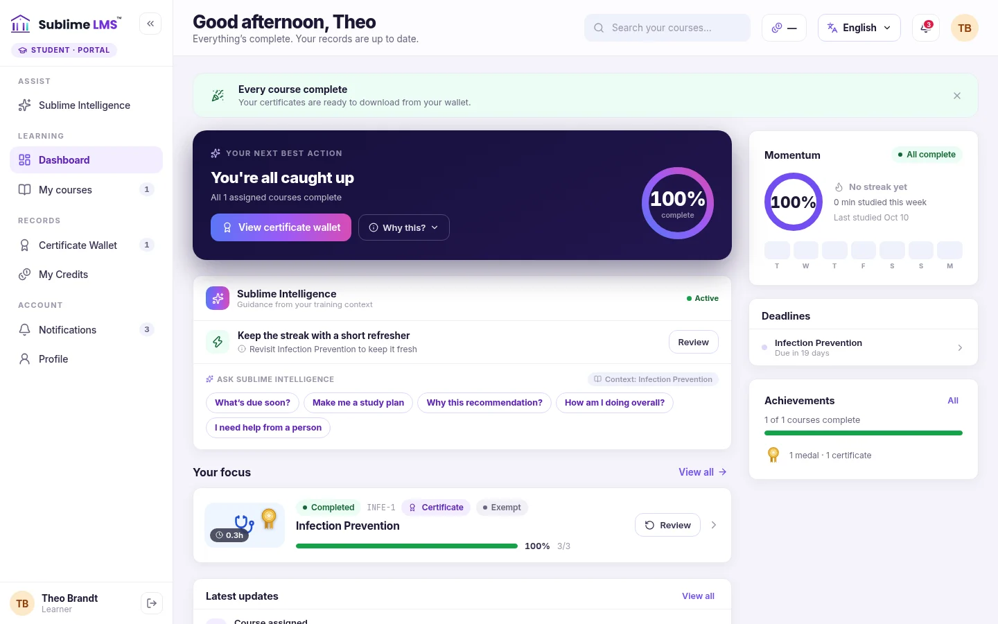 A learner's dashboard in the Sublime LMS student portal: a Your next best action card with 100% of assigned courses complete, a momentum ring, an upcoming deadline, achievements and the course in focus.