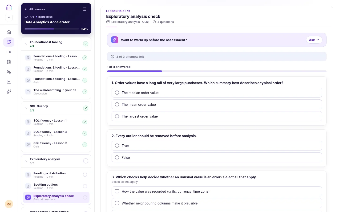 A quiz in the course player with attempts left, questions answered and three questions.