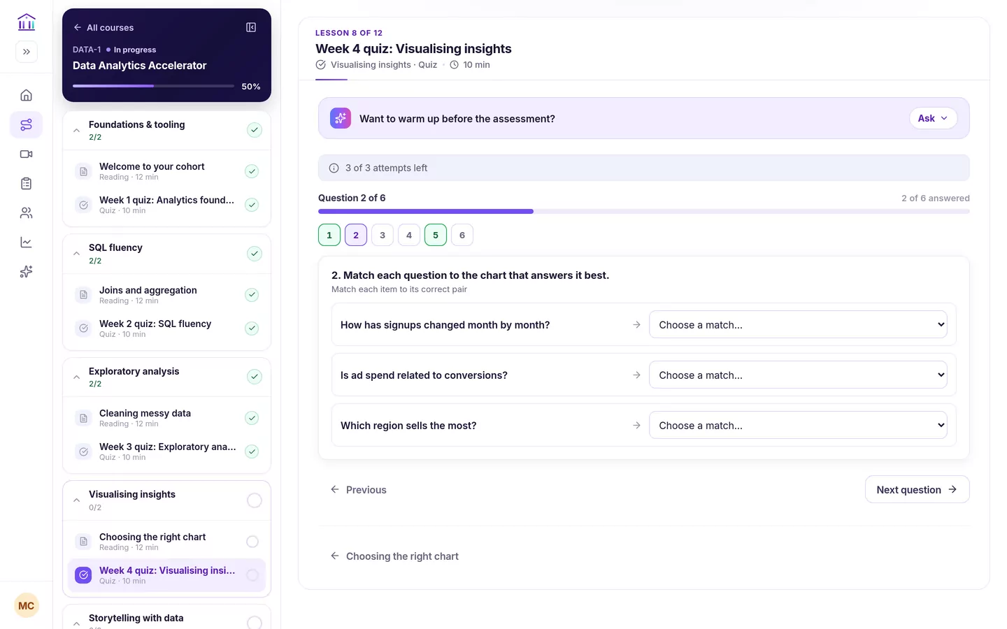 A matching question in the Week 4 quiz, Question 2 of 6: three prompts about signups over time, ad spend and conversions, and region sales, each with a Choose a match dropdown.