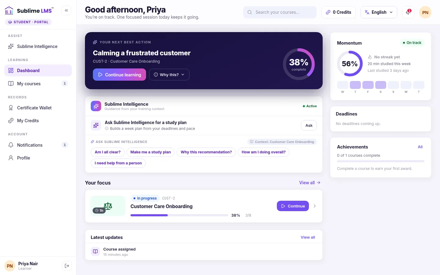 The learner dashboard with Calming a frustrated customer as the next lesson, a Continue learning button and the course 38% complete, and a Your focus card for Customer Care Onboarding with a progress bar at 3 of 8 lessons and a Continue button.